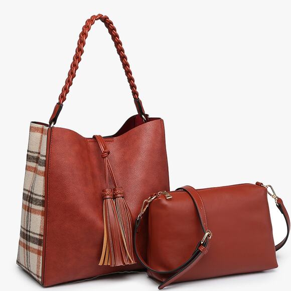 Jen & Co. Handbags - Dina Plaid Contrast Tote with Large Tassel Removable Pouch Rust Cream